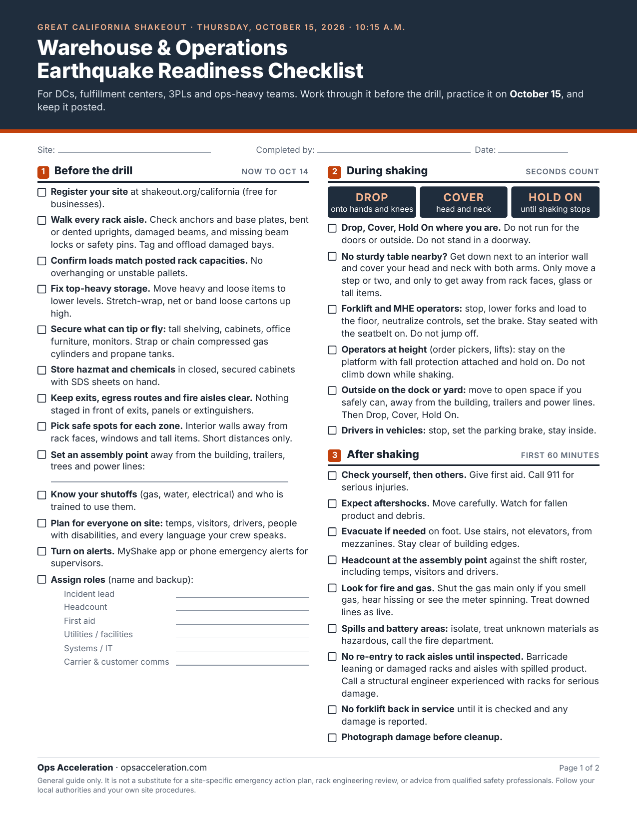 Page one of the Warehouse and Operations Earthquake Readiness Checklist: a Before the drill list covering rack inspection, load limits, securing top-heavy storage, exits, assembly point and role assignments; a During shaking section with Drop, Cover, Hold On plus instructions for forklift operators, people working at height and drivers; and an After shaking list for the first 60 minutes, from headcount and gas checks to keeping everyone out of rack aisles until they are inspected.
